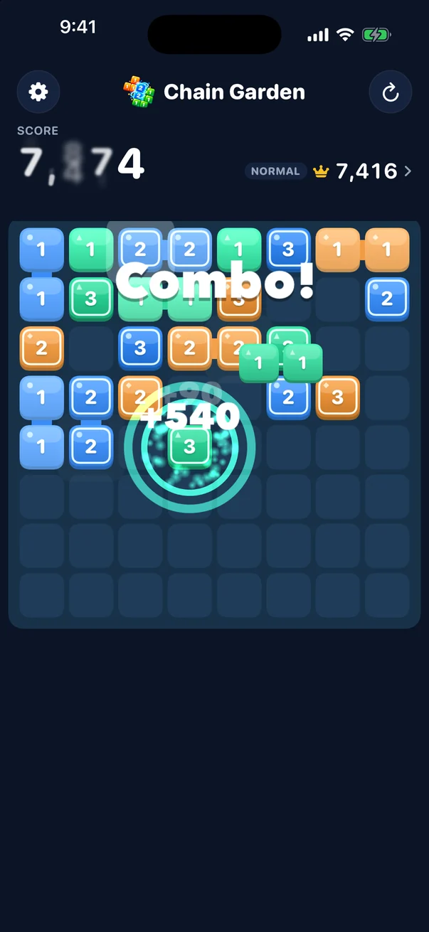 Chain Garden gameplay: a blue tile merging mid-combo on a board of blue, green and orange numbered tiles.