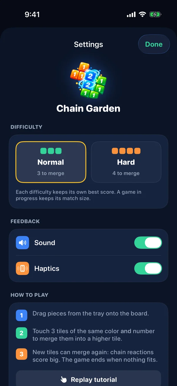 Settings with Normal and Hard difficulty, sound and haptics toggles, and how to play.
