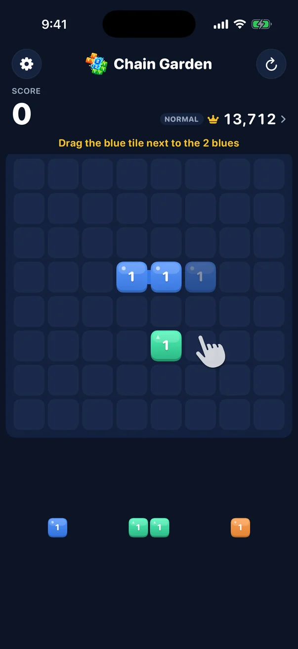 The tutorial: a hand drags a blue tile next to two blue tiles.